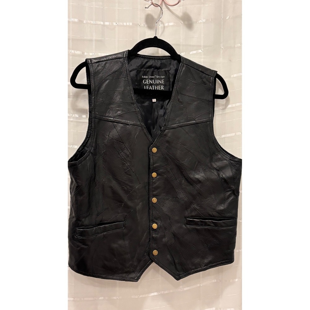 Italian Stone Design Navarre Leather Patchwork Biker Vest‎ Mens Large Black Snap